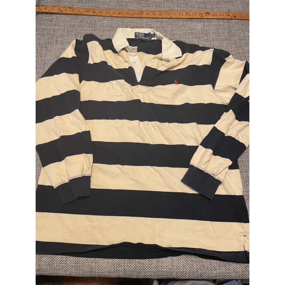 Polo Ralph Lauren Mens Medium Rugby Shirt Navy Blue Cream Striped Long Sleeve